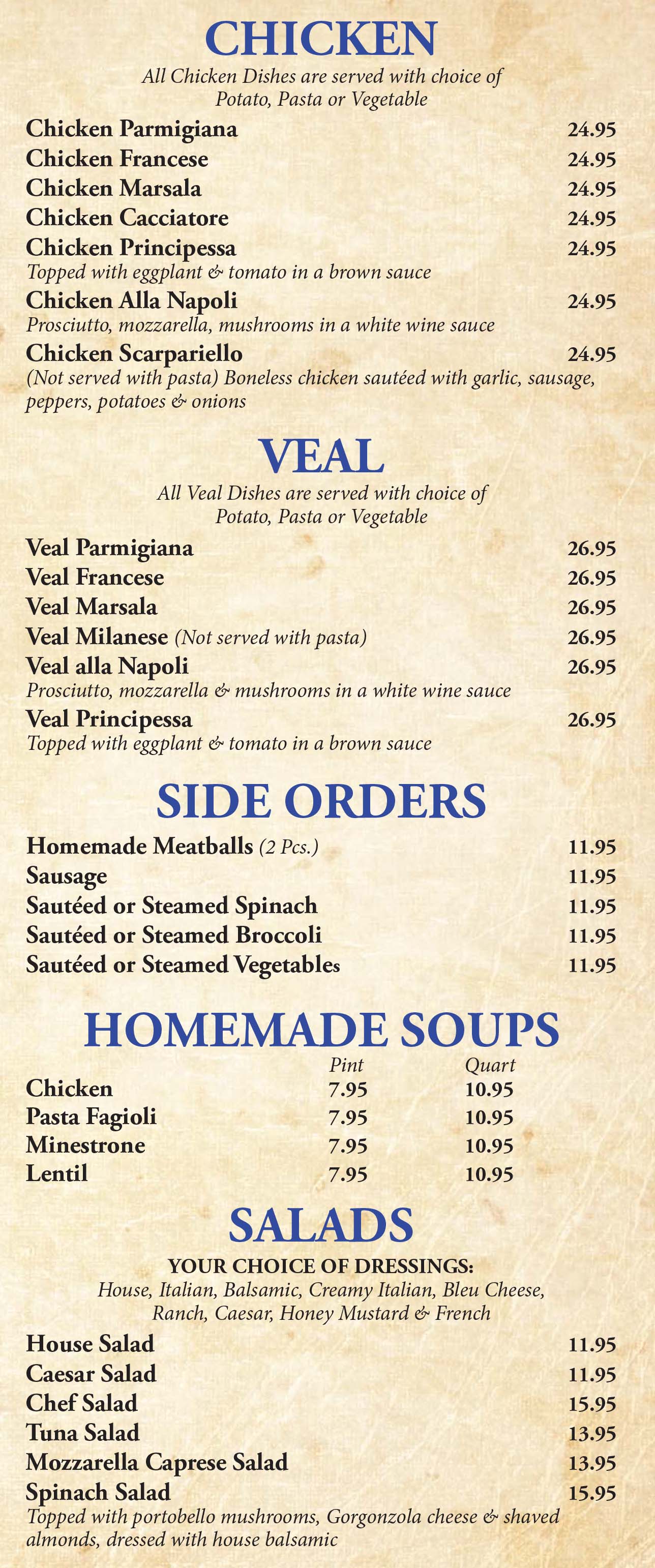 Chicken - Veal - Sides - Soups & Salads